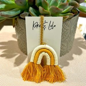 Mustard yellow handmade cotton rainbow tassel long boho necklace